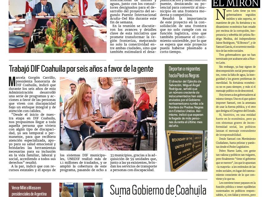 Portada RCG Fronteriza [20 de noviembre de 2023] Analizan construcción de segundo puente Acuña-Del Río; alistan albergues previos a entrada de frente frío más…}