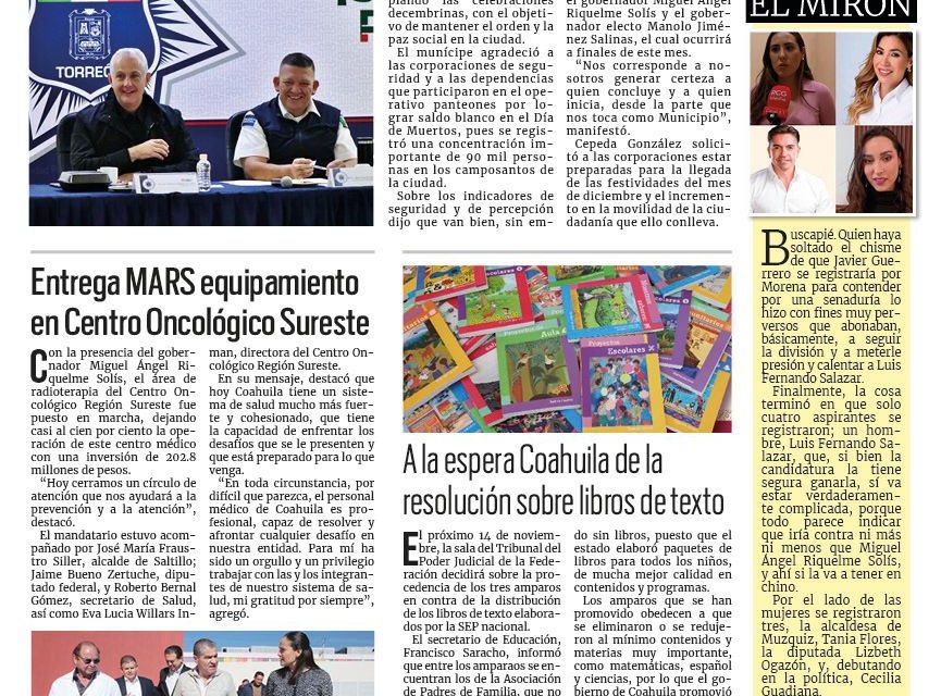 Portada RCG Lagunera [ 04 de noviembre de 2023] Reforzará Torreón temas de seguridad para cerrar el año; entrega Ayuntamiento rehabilitación de tres canchas de baloncesto y más…