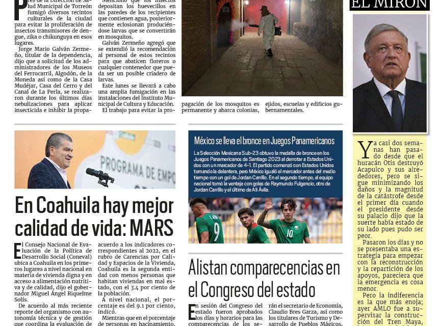 Portada RCG Lagunera [5 de noviembre de 2023] Fumigan recintos culturales en Torreón; Instalan ejercitadores y juegos infantiles en colonias y más…