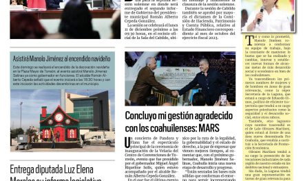 Portada RCG Lagunera [30 de noviembre de 2023] Aprueba Cabildo segundo informe de Román Cepeda; concluyen conferencias para el desarrollo de capacidades y más…