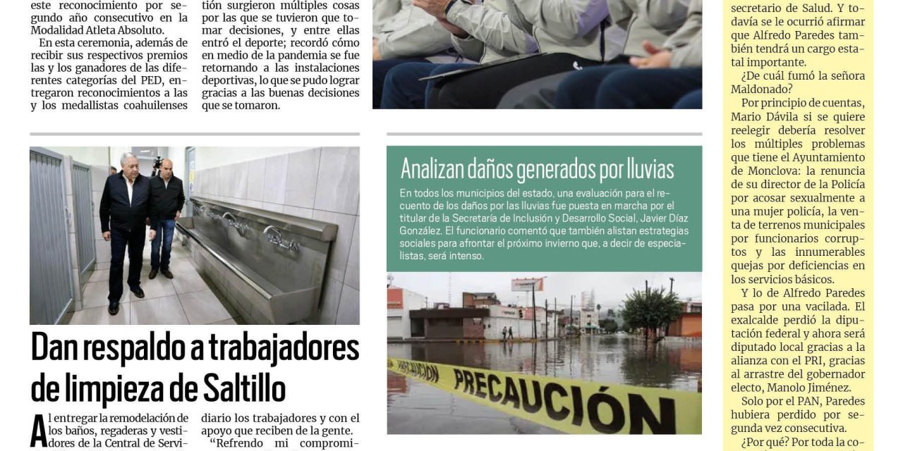 Portada RCG Media [15 de noviembre de 2023] Entrega Miguel Riquelme el Premio Estatal del Deporte; dan respaldo a trabajadores de limpieza de Saltillo y más…