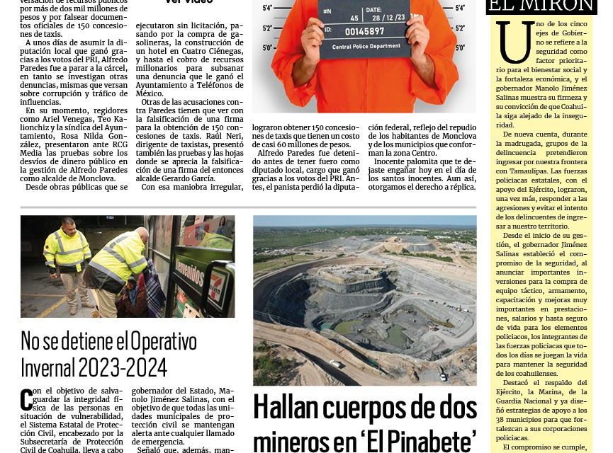 Portada RCG Centro [28 de diciembre de 2023] A la cárcel Alfredo Paredes; Incumplen 70% de empresas de Monclova en pago del predial y más…