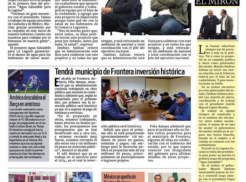 Portada RCG Centro [22 de diciembre de 2023] Pactan Manolo Jiménez y AMLO trabajo en equipo; crece esperanza entre obreros de AHMSA para volver a trabajar y más…