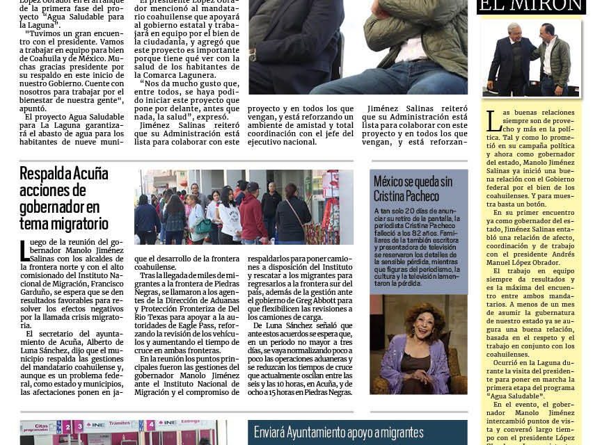 Portada RCG Fronteriza [22 de diciembre de 2023] Pactan Manolo Jiménez y AMLO trabajo en equipo; aprueba Acuña presupuesto de egresos y más…