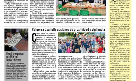 Portada RCG Fronteriza [26 de diciembre de 2023] Reconocen a personal médico de Acuña; invitan a poner en regla los autos ‘chocolate’ y más…
