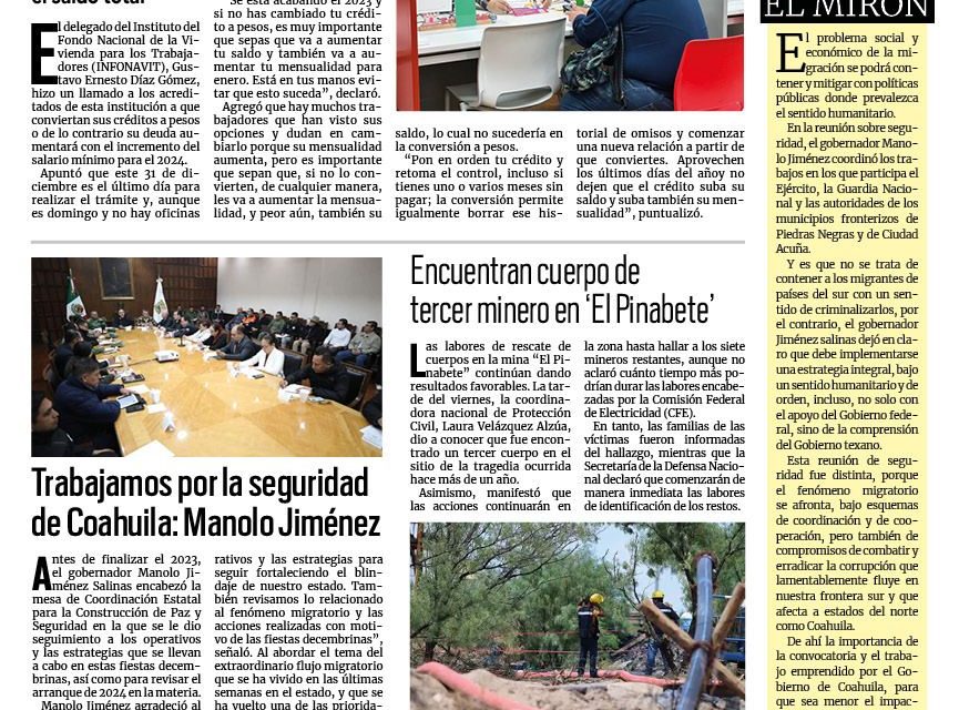 Portada RCG Fronteriza [30 de diciembre de 2023] Concluye plazo para convertir deuda de INFONAVIT; analizan estrategias para atención de la migración y más…
