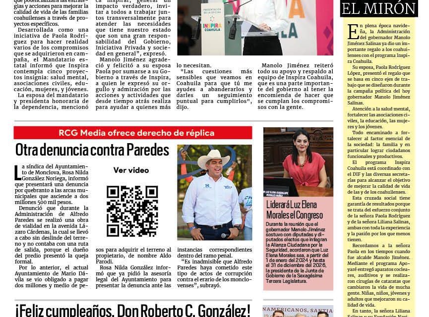 Portada RCG Lagunera [19 de diciembre de 2023] Conoce la información que te presenta RCG Media en su portada; detallan proyecto ‘Giro Independencia’ en Torreón y más…
