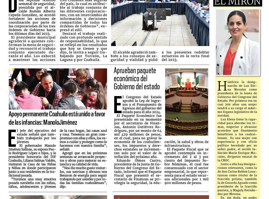 Portada RCG Lagunera [23 de diciembre de 2023] Buscan reforzar coordinación de todas las corporaciones de seguridad; el transporte público se mantendrá en operación  y más…