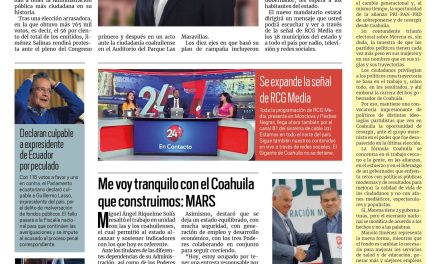Portada RCG Lagunera [01 de diciembre de 2023] Rinde protesta Manolo Jiménez como gobernador de Coahuila; dan prioridad a proyectos del Implan y más…