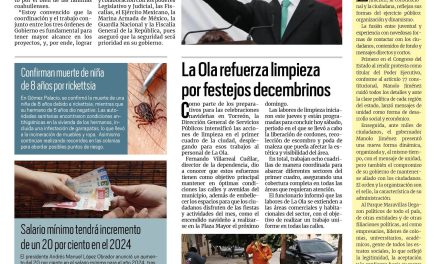 Portada RCG Lagunera [02 de diciembre de 2023] Es Manolo Jiménez Salinas gobernador constitucional de Coahuila; Instruyen sobre educación vial a niños y jóvenes y más…
