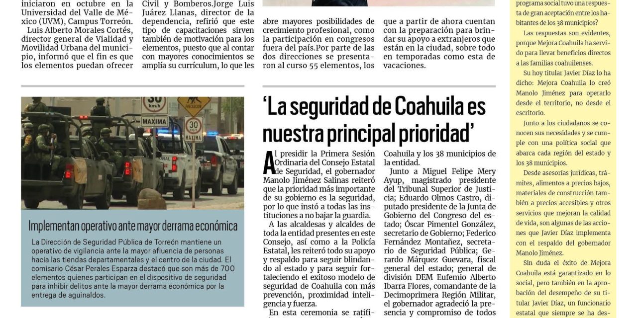 Portada RCG Lagunera [7 de diciembre de 2023] Aprenden inglés agentes de Tránsito y Protección Civil en Torreón; DIF Torreón lleva servicios a usuarios de Cáritas y más…