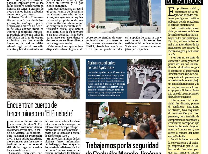 Portada RCG Lagunera [30 de diciembre de 2023] Alistan atención en cajas de Presidencia Municipal; más de 400 personas son atendidas en refugios temporales y más…