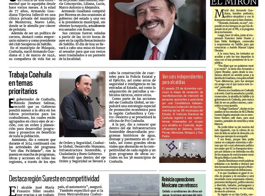 Portada RCG Media [27 de diciembre de 2023] Dicen adiós a Armando Guadiana Tijerina; trabaja Coahuila en temas prioritarios: Manolo Jiménez y más…