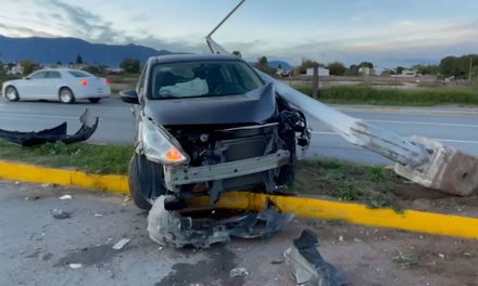 Destroza su auto y una luminaria en Saltillo