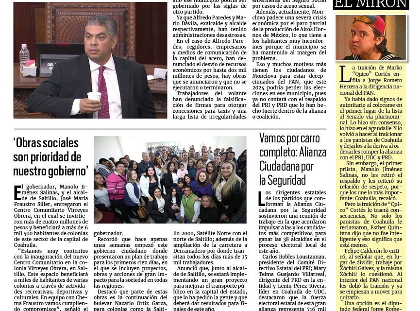 Portada RCG Centro [12 de enero de 2024] Monclova dejaría de ser bastión panista; obreros de AHMSA exigen a sus líderes dar la cara y más…