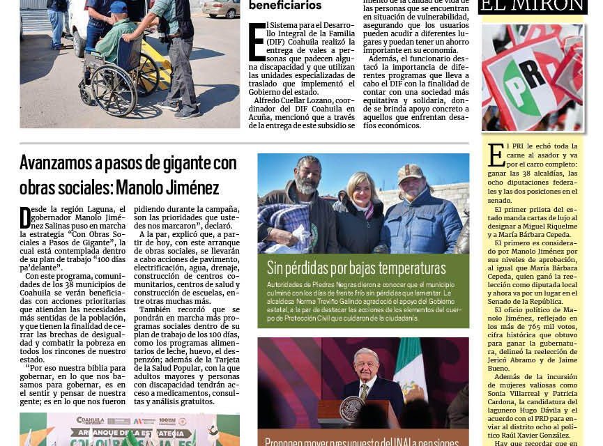 Portada RCG Fronteriza [18 de enero de 2024] Apoya DIF Coahuila a personas con discapacidad; refuerza CAIF acciones contra suicidios y más…