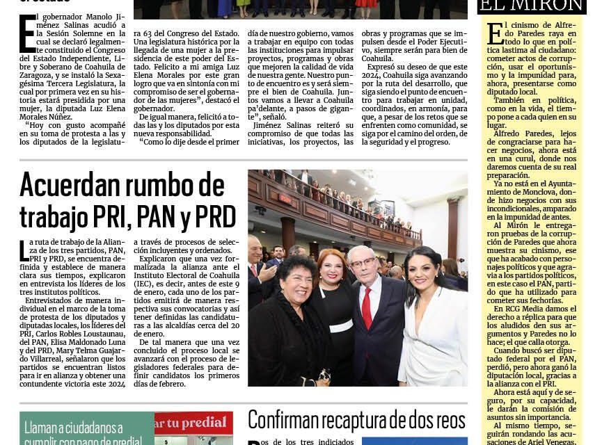 Portada RCG Media [02 de enero de 2024] ‘El punto de encuentro de todas y todos es Coahuila’; acuerdan rumbo de trabajo PRI, PAN y PRD para candidaturas y más…