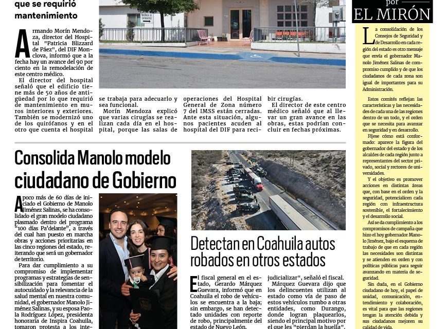 Portada RCG Centro [5 de febrero de 2024] Avanza remodelación del Hospital del DIF; destacan buen funcionamiento de Policía Ejidal   y más…