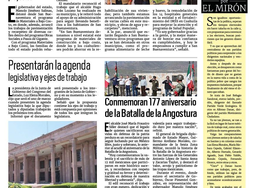 Portada RCG Media [26 de febrero de 2024] Refuerza Coahuila programa de material a bajo costo; conmemoran 177 aniversario de la Batalla de la Angostura y más…