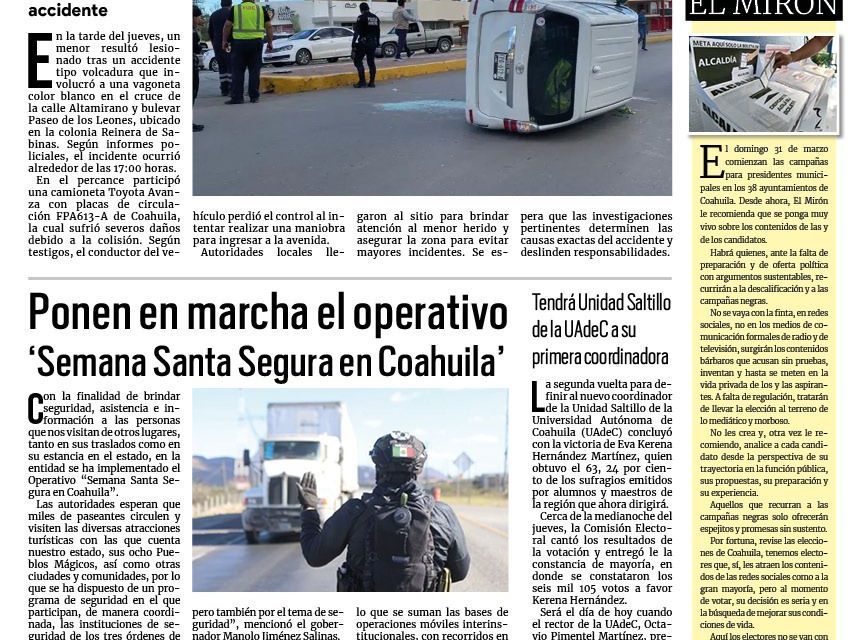 Portada RCG Carbonífera [22 de marzo de 2024] Menor resulta lesionado tras volcadura en colonia Reinera de Sabinas; celebran el 218 Aniversario del Natalicio de Benito Juárez en Sabinas y más…