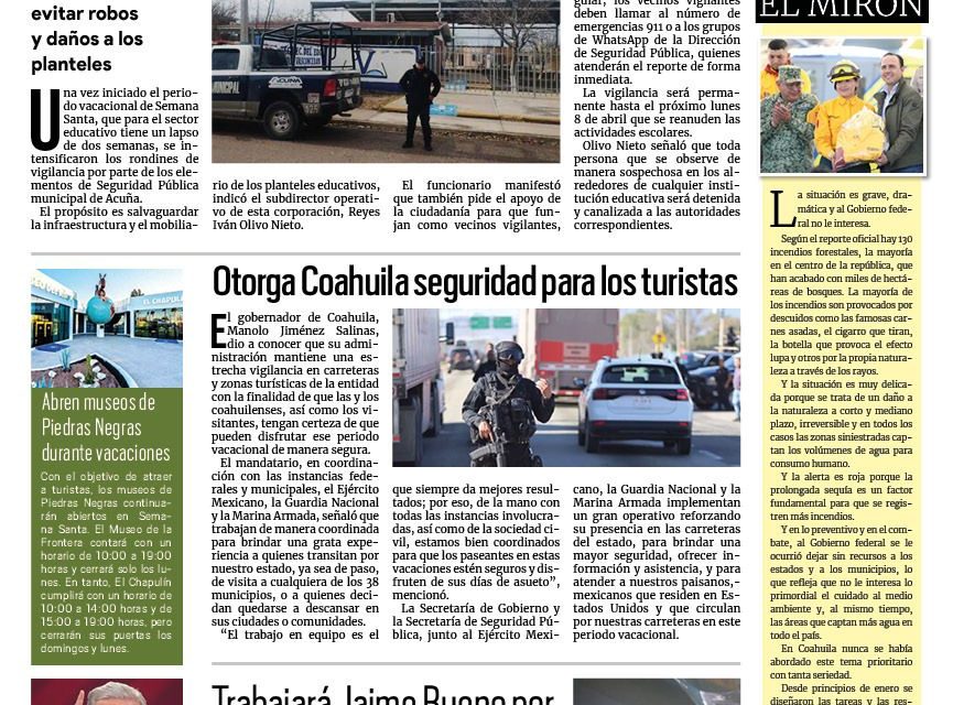 Portada RCG Fronteriza [29 de marzo de 2024] Refuerzan vigilancia en escuelas; a la baja las contrataciones en la industria y más…