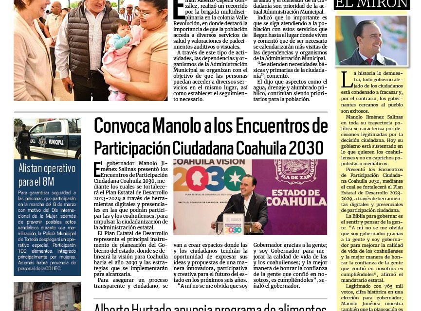 Portada RCG Lagunera [07 de marzo de 2024] Llevan servicios de salud a la colonia Valle Revolución; recorre Román Cepeda el Museo Histórico Casa del Cerro y más…