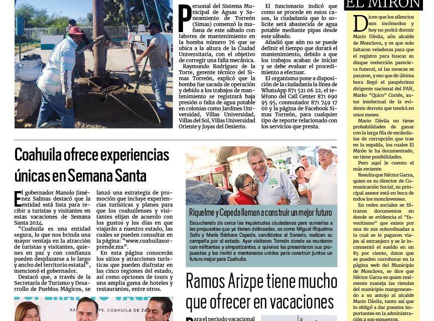 Portada RCG Lagunera [24 de marzo de 2024] Da Simas Torreón mantenimiento a bomba de agua al oriente de la ciudad; Mantienen revisiones en la venta de productos del mar y más…