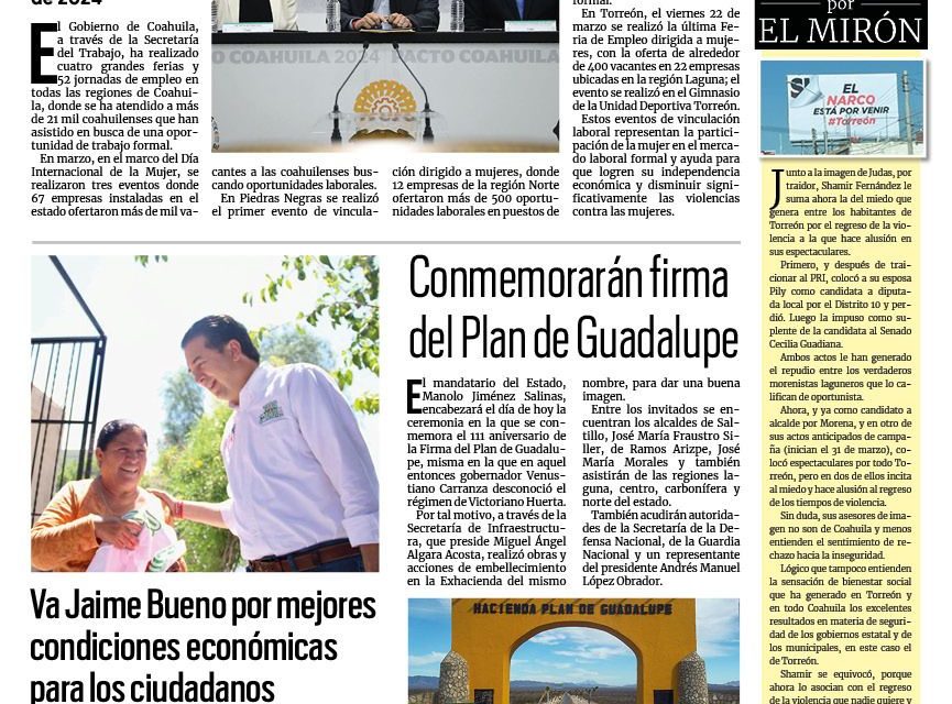 Portada RCG Media [26 de marzo de 2024] En Coahuila sí hay oportunidades laborales: Manolo Jiménez; va Jaime Bueno por mejores condiciones económicas para los ciudadanos y más…