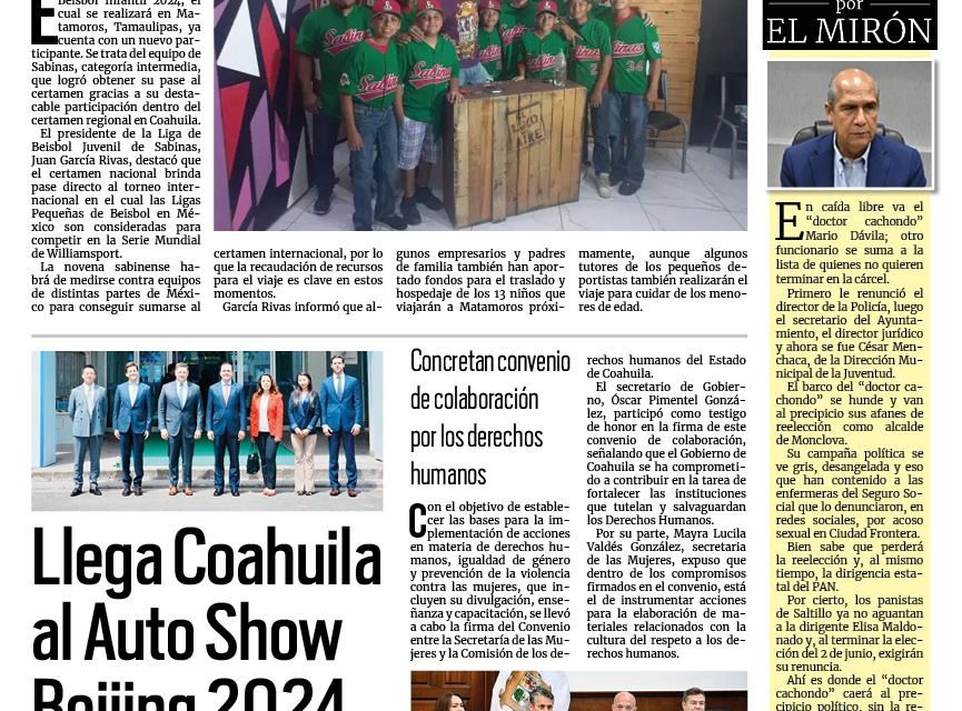 Portada RCG Carbonífera [26 de abril de 2024] Selección de beisbol de Sabinas consigue boleto a la nacional; capacitan a brigadistas en Múzquiz y más…