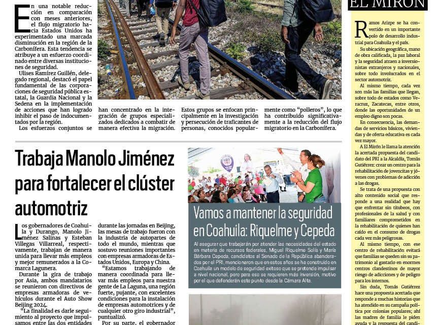Portada RCG Carbonífera [27 de abril de 2024] El flujo migratorio hacia Estados Unidos disminuye en la Carbonífera; Secretaría de Marina refuerza operativos en la Región Carbonífera y más…