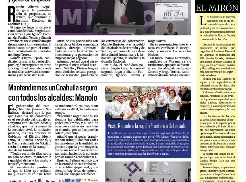Portada RCG Lagunera [22 de abril de 2024] Gana Román Cepeda debate con las mejores propuestas; emiten recomendaciones ante altas temperaturas y más…