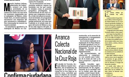 Portada RCG Lagunera [25 de abril de 2024] Manolo Jiménez inicia gira económica por Asia; revisan condiciones de seguridad en juegos mecánicos y más…
