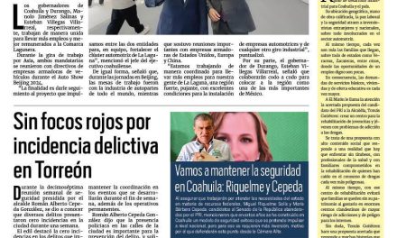 Portada RCG Lagunera [27 de abril de 2024] Trabaja Manolo Jiménez para fortalecer el clúster automotriz; avalan finanzas públicas de Torreón y más…