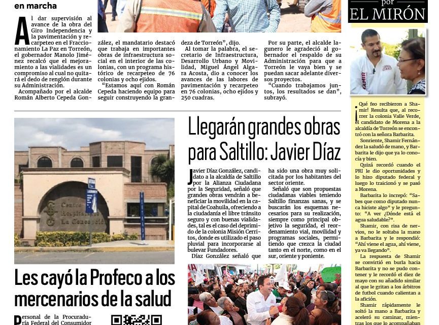 Portada RCG Media [04 de abril de 2024] Cumple Manolo Jiménez con supervisión de obras viales; les cayó la Profeco a los mercenarios de la salud y más…