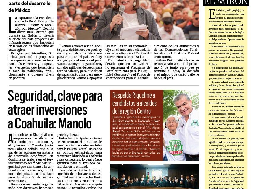 Portada RCG Lagunera [01 de mayo de 2024] Morena se olvidó del norte de México: Xóchitl Gálvez; habrá menos rutas urbanas en Torreón y más…