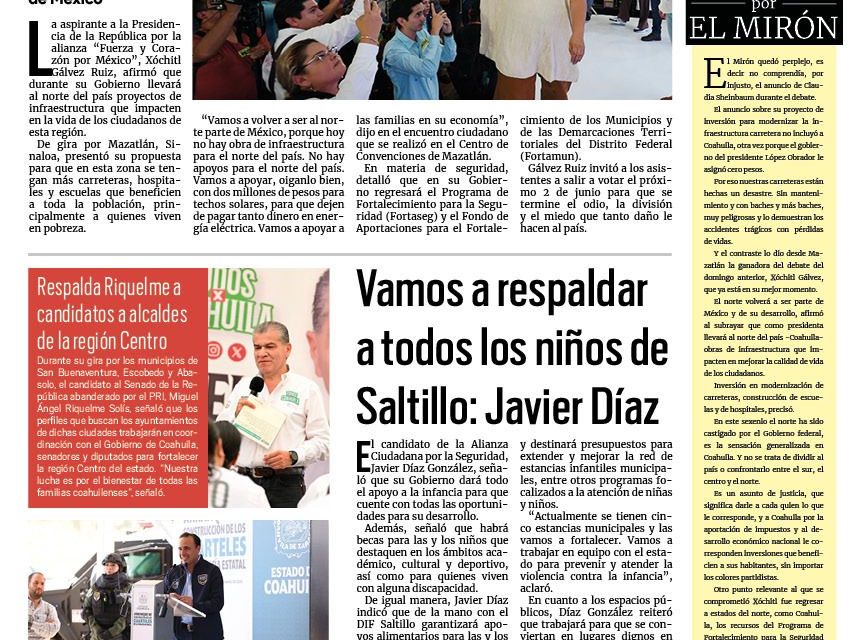 Portada RCG Media [01 de mayo de 2024] Morena se olvidó del norte de México: Xóchitl Gálvez; vamos a respaldar a todos los niños de Saltillo: Javier Díaz y más…