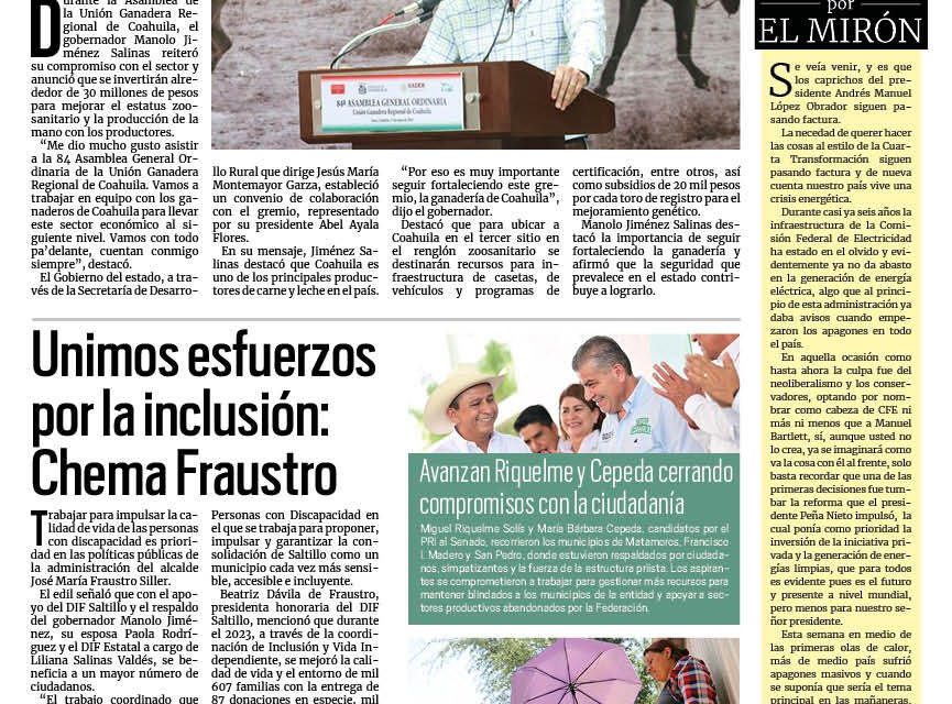 Portada RCG Media [12 de mayo de 2024] Manolo Jiménez reitera compromiso con sector ganadero; En Saltillo unimos esfuerzos por la inclusión: Chema Fraustro y más…