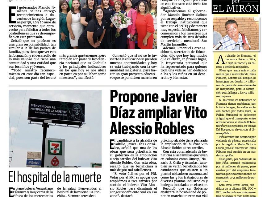 Portada RCG Media [16 de mayo de 2024] Manolo Jiménez reconoce a los maestros de Coahuila; propone Javier Díaz ampliar Vito Alessio Robles y más…