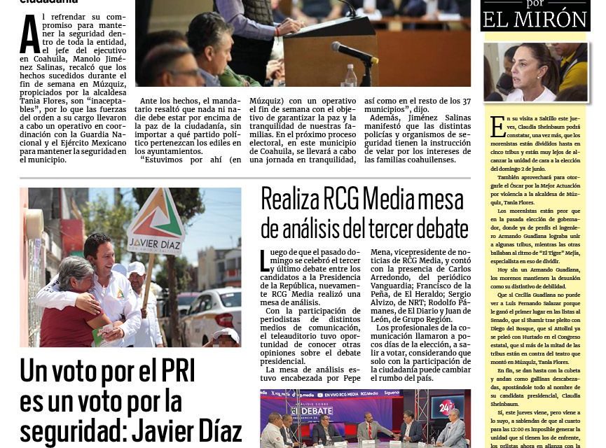 Portada RCG Media [21 de mayo de 2024] ‘Es inaceptable que la autoridad municipal incite a la violencia’; un voto por el PRI es un voto por la seguridad: Javier Díaz y más…