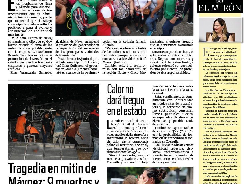 Portada RCG Media [23 de mayo de 2024] Vamos a hacer crecer la región Fronteriza del estado: Manolo; tragedia en mitin de Máynez: 9 muertos y al menos 50 heridos y más…