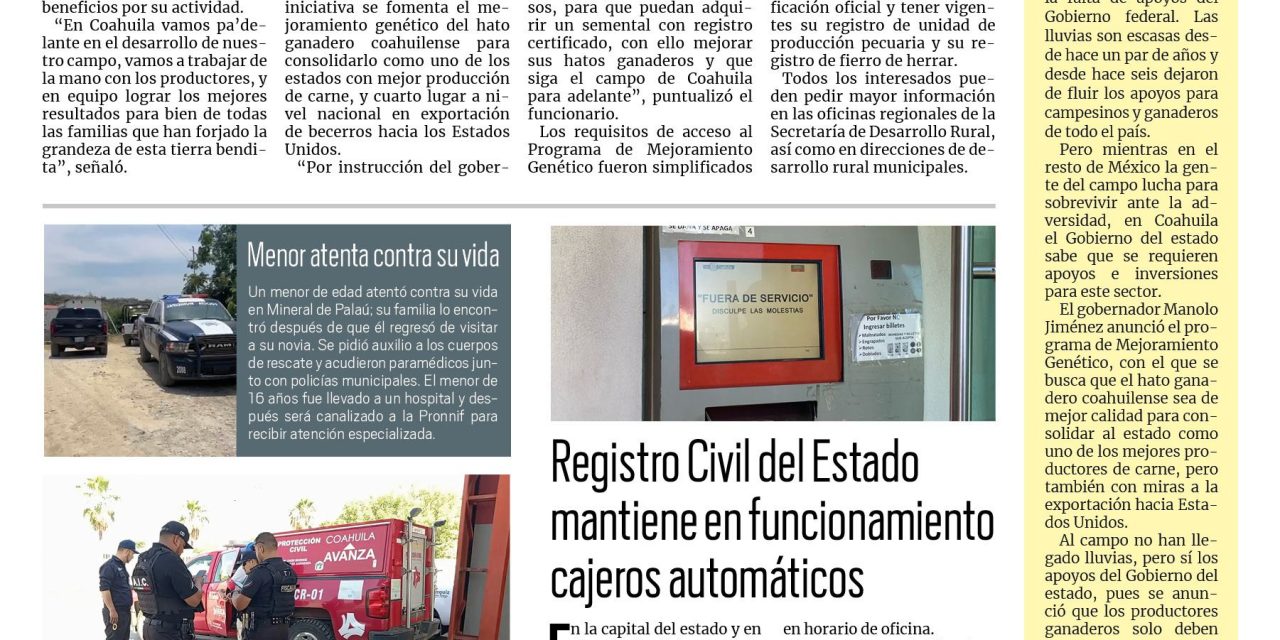Portada RCG Carbonífera [10 de junio de 2024] Manolo Jiménez refrenda su respaldo a los productores del campo; rescatan a menor de alberca en Múzquiz y más…