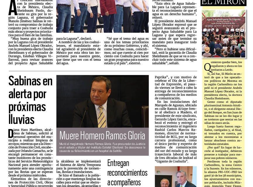 Portada RCG Carbonífera [17 de junio de 2024] Van Manolo y Sheinbaum por proyectos a favor de Coahuila; y más…