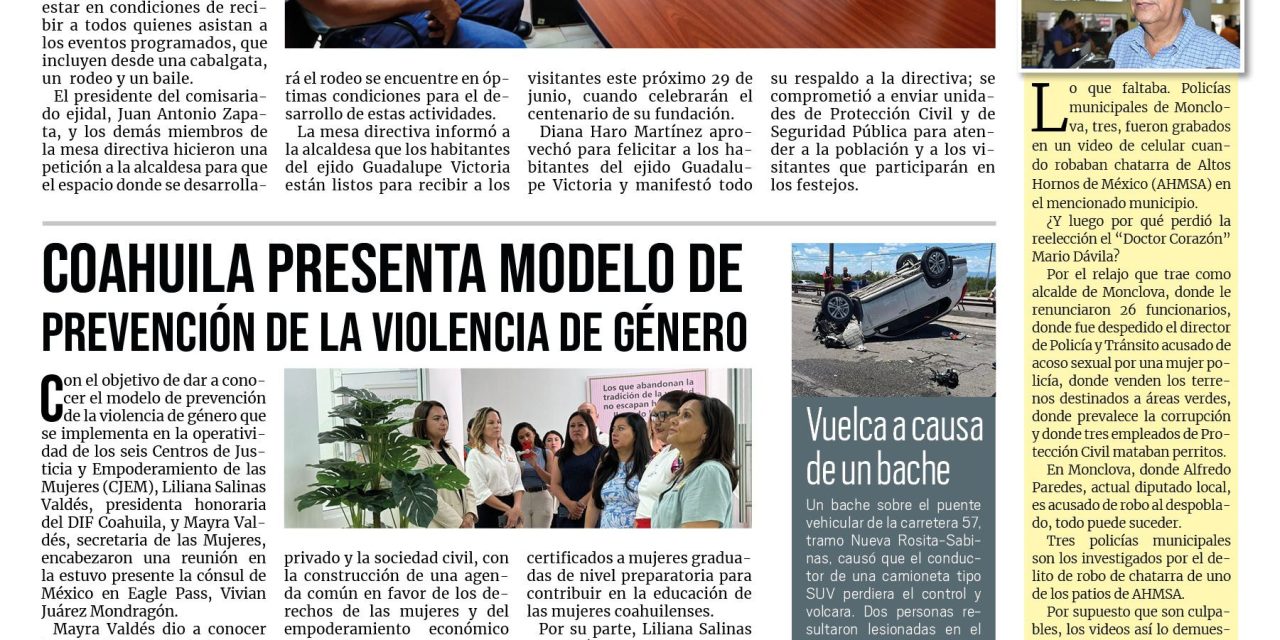 Portada RCG Carbonífera [25 de junio de 2024] Alistan festejos por centenario del ejido Guadalupe Victoria; parrillero sabinense representará a México en Alemania y más…