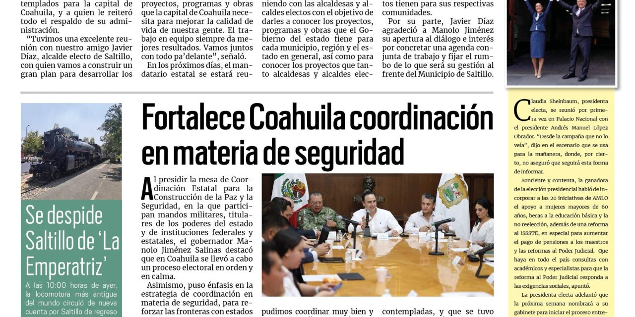 Portada RCG Media [11 de junio de 2024] Saltillo es ejemplo a nivel nacional: Manolo Jiménez; Fortalece Coahuila coordinación en materia de seguridad y más…