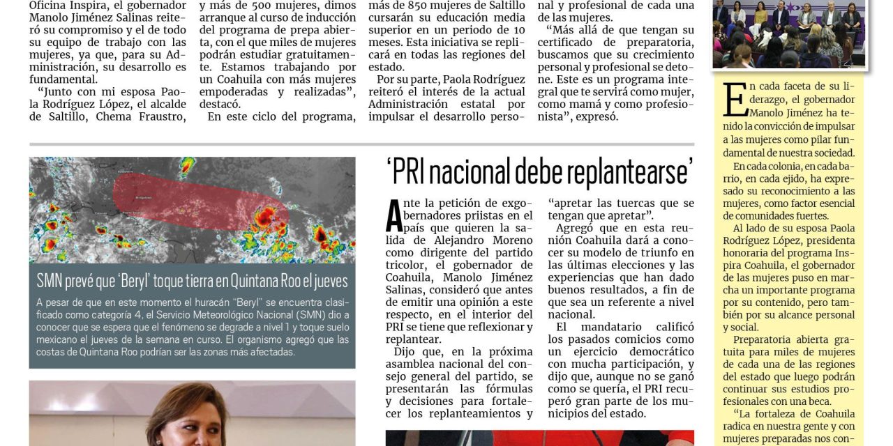 Portada RCG Carbonífera [02 de julio de 2024] La fortaleza de Coahuila radica en las mujeres: Manolo Jiménez; llega la UAdeC a Progreso y más…