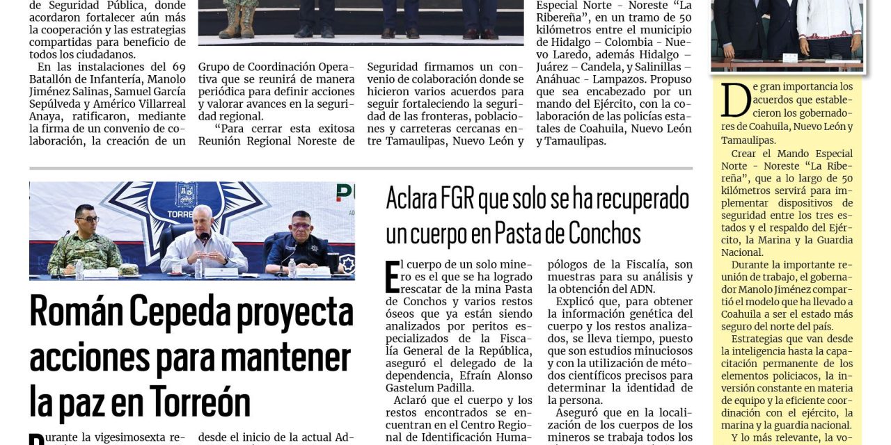Portada RCG Lagunera [06 de julio de 2024] Trabajarán Coahuila, Nuevo León y Tamaulipas por la seguridad; dan visto bueno a integración de Consejo Ciudadano en Transición y más…