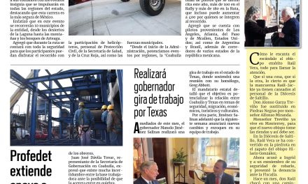 Portada RCG Centro [3 de agosto de 2024] Manolo Jiménez da el banderazo de salida de la carrera ‘Coahuila 1000’; funcionarios federales se reúnen con empleados de AHMSA y más…