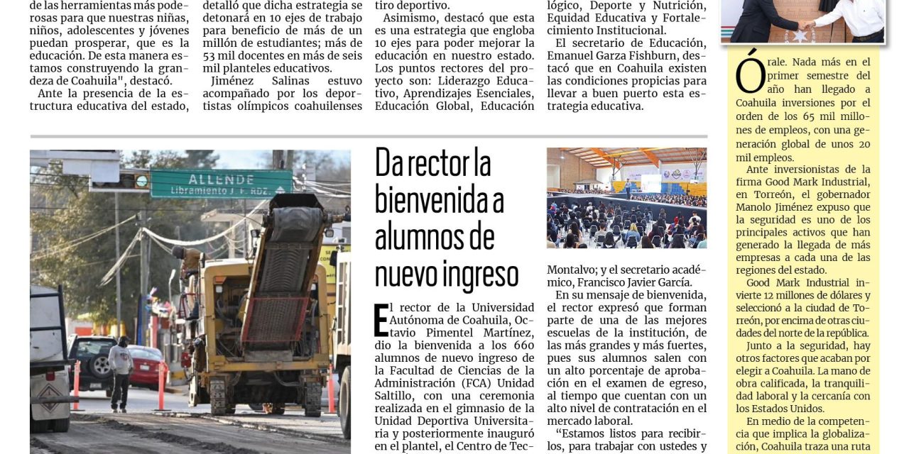 Portada RCG Fronteriza [14 de agosto de 2024] Presenta Manolo Jiménez el proyecto Impulso Educativo Coahuila; anuncian ganadores de la Presa al Mérito Juvenil 2024 y más…