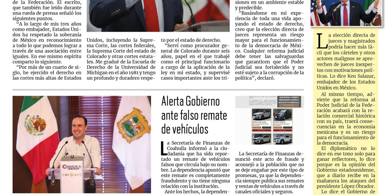 Portada RCG Fronteriza [23 de agosto de 2024] En riesgo la democracia, la economía y la seguridad; celebra Emilio de Hoyos a bomberos de Acuña  y más…