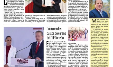 Portada RCG Lagunera [2 de agosto de 2024] Manolo Jiménez nombra a Luis Olivares como secretario de Economía; modificará Conagua líneas de Agua Saludable para la Laguna  y más…